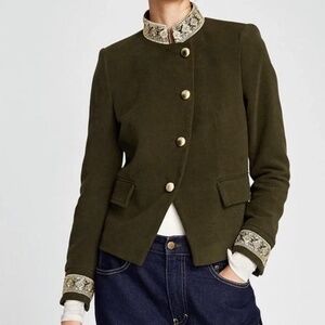 Women s ZARA Olive Green Blazer with Gold Trim Mandarin Collar Size Medium